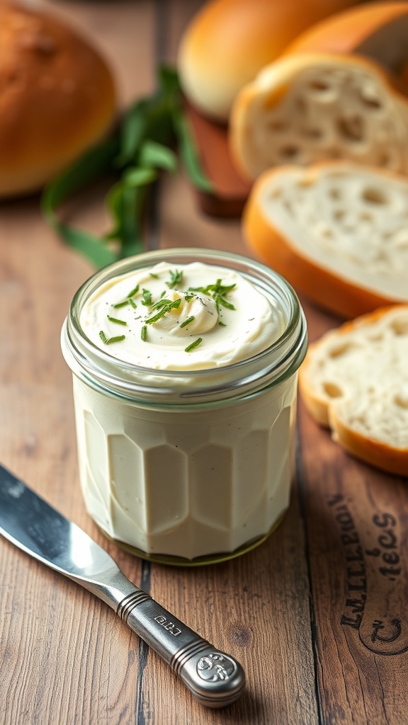 A jar of whipped butter with herbs on a wooden table, alongside bread rolls.